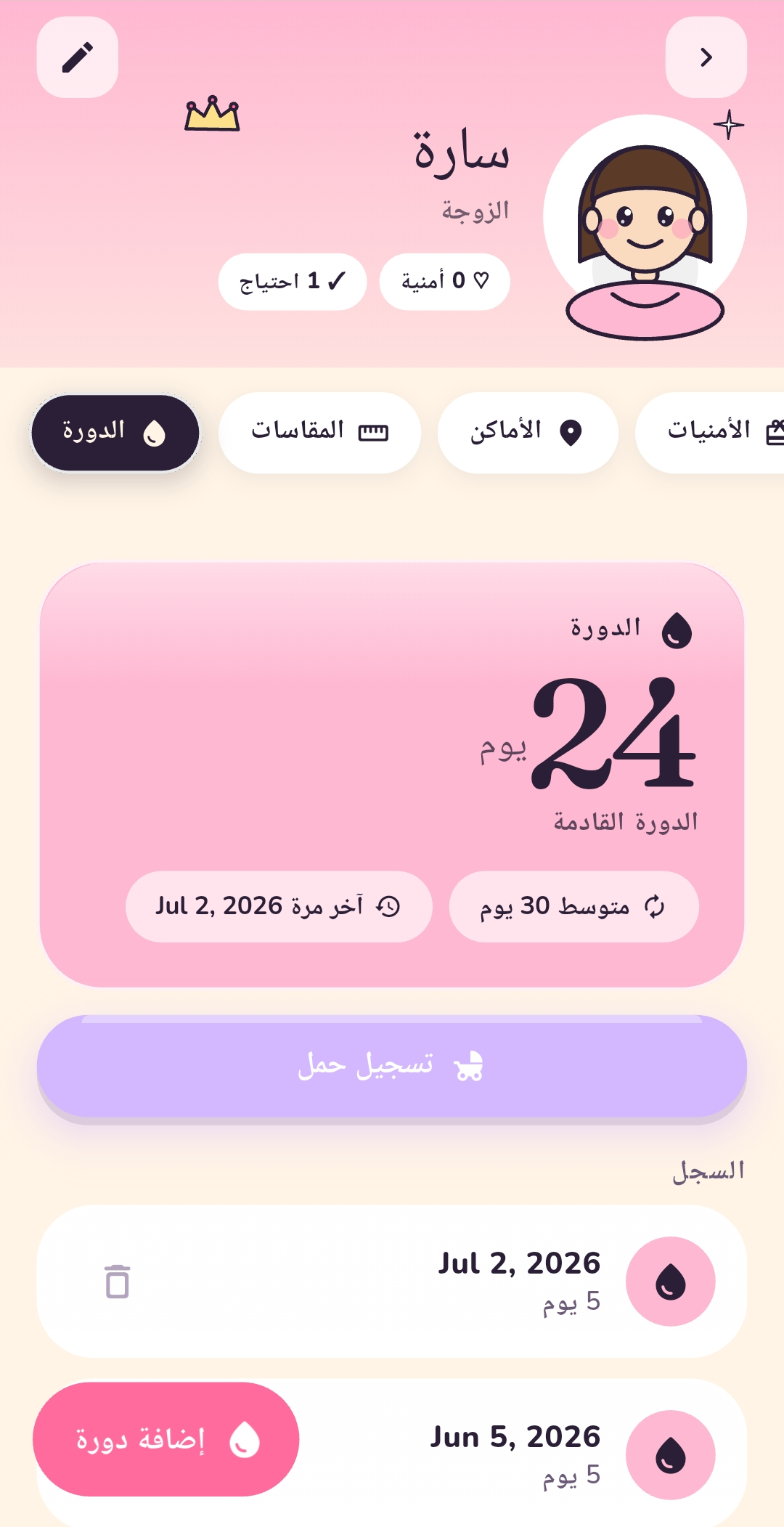 شاشة تتبّع الدورة والحمل في مدبّر