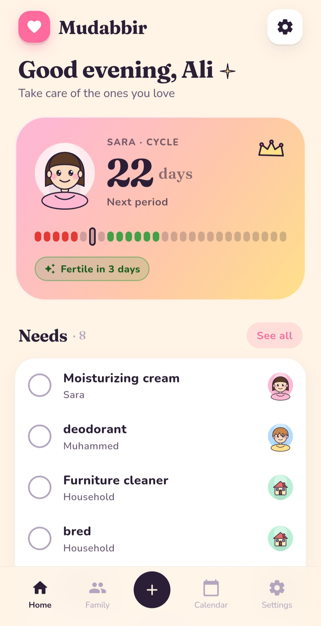 Mudabbir dashboard showing family members and needs